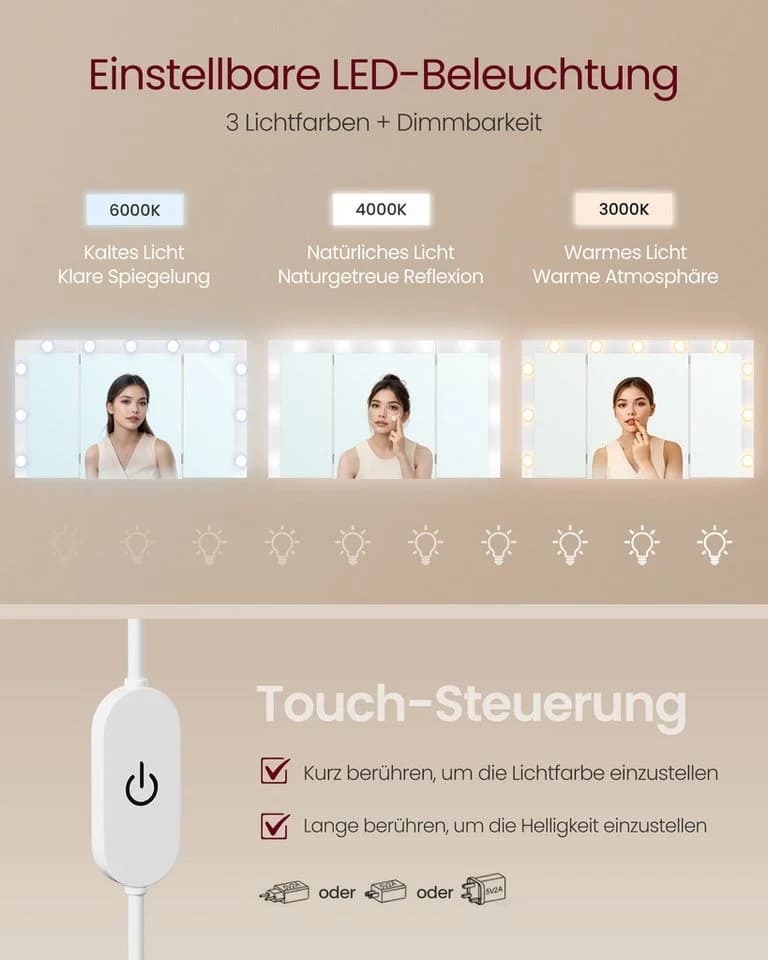 VASAGLE Schminktisch mit 3-teiligem Spiegel & 11 LEDs - Bild 5