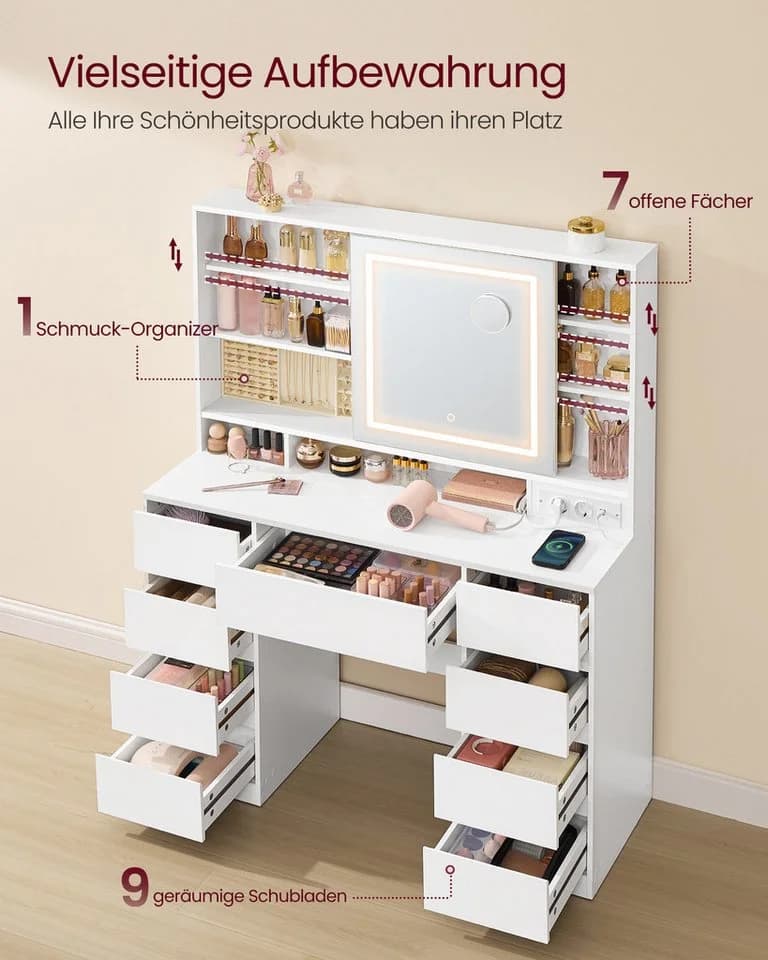 VASAGLE Schminktisch mit LED-Spiegel, 9 Schubladen & Hocker, Weiß - Bild 3