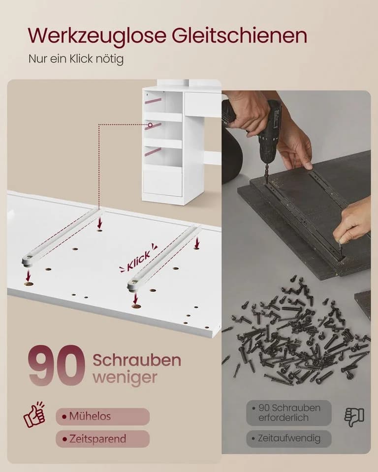 VASAGLE Schminktisch mit LED-Spiegel, 9 Schubladen & Hocker, Weiß - Bild 4