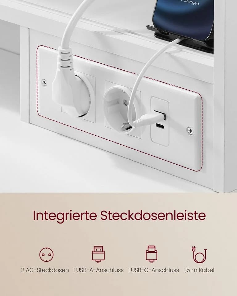 VASAGLE Schminktisch mit LED-Spiegel, 9 Schubladen & Hocker, Weiß - Bild 5