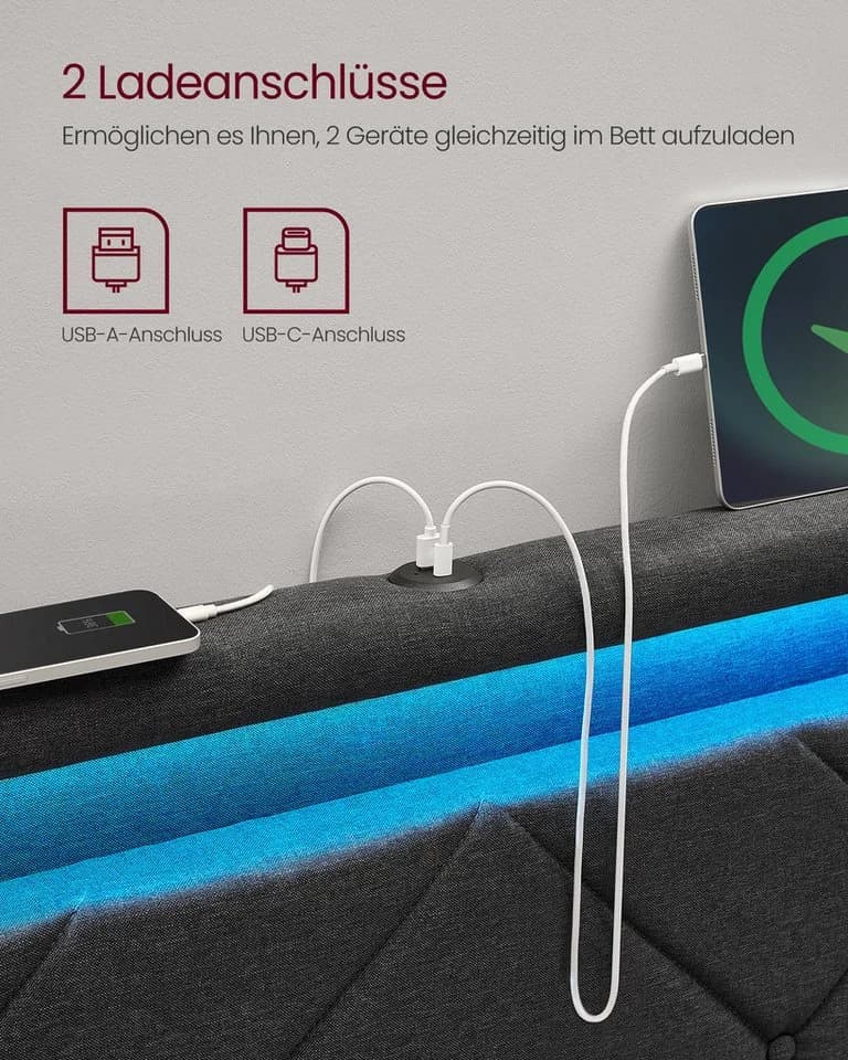 VASAGLE Polsterbett mit LED, USB, 4 Schubladen, grau/blau