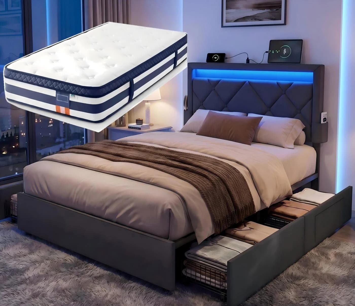 VASAGLE Polsterbett mit LED, USB, 4 Schubladen, grau/blau - Bild 2