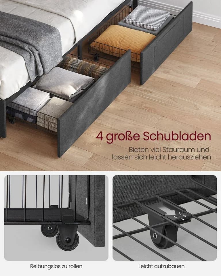 VASAGLE Polsterbett mit LED, USB, 4 Schubladen, grau/blau - Bild 3