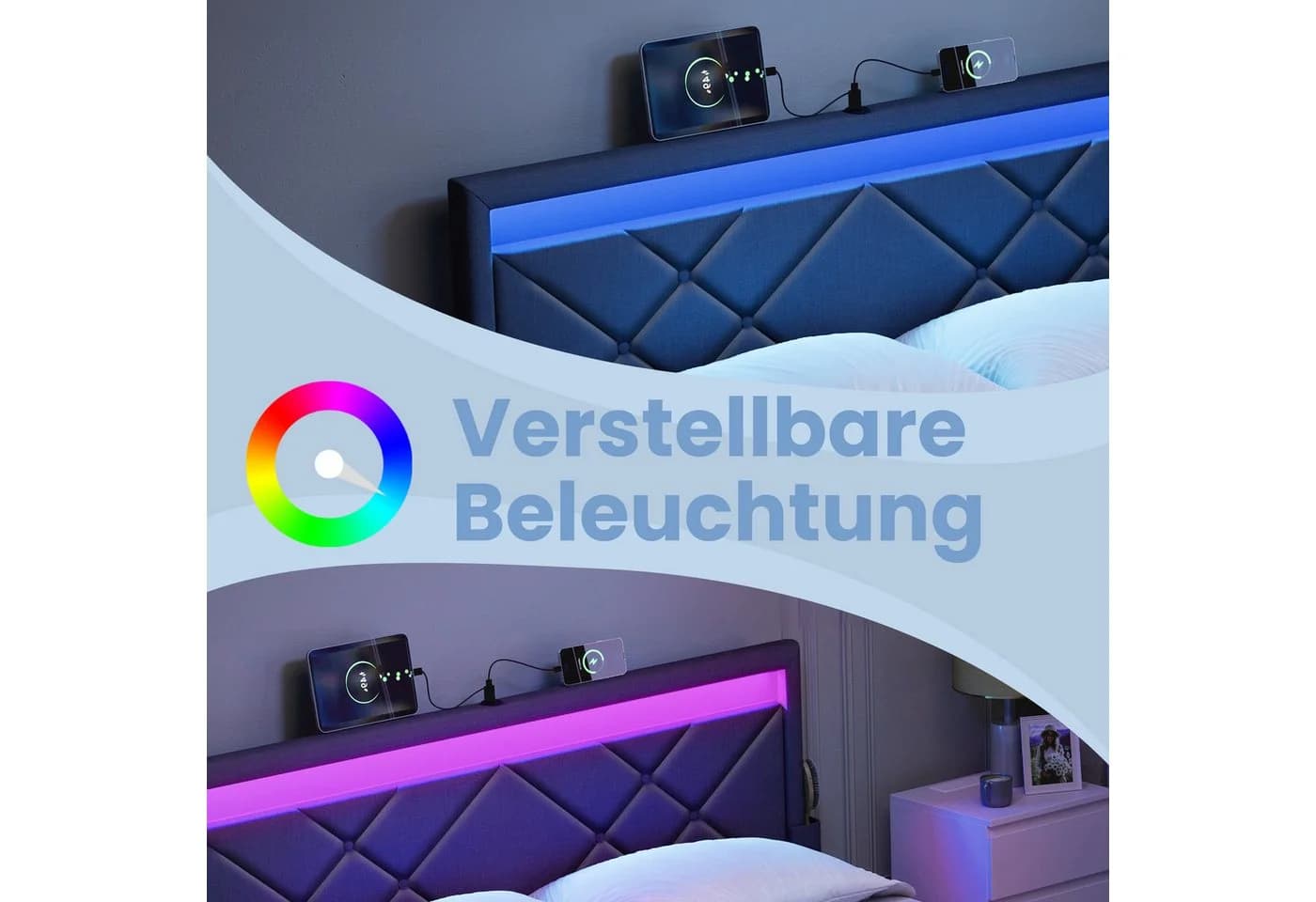 VASAGLE Polsterbett mit LED, USB, 4 Schubladen, grau/blau - Bild 4