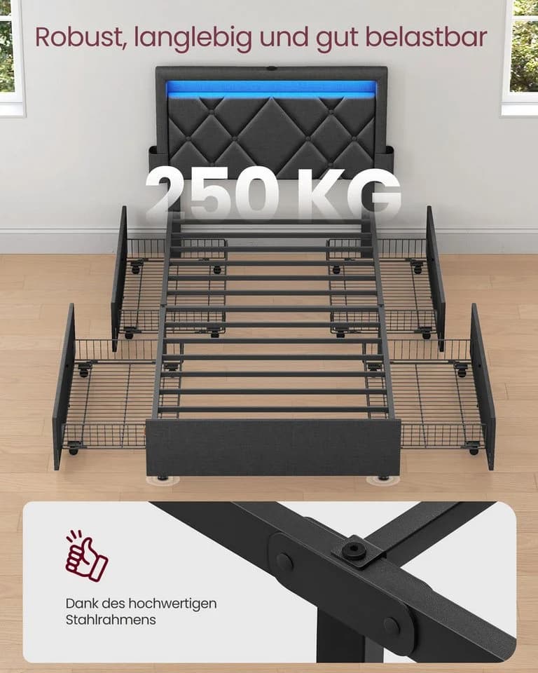 VASAGLE Polsterbett mit LED, USB, 4 Schubladen, grau/blau - Bild 5