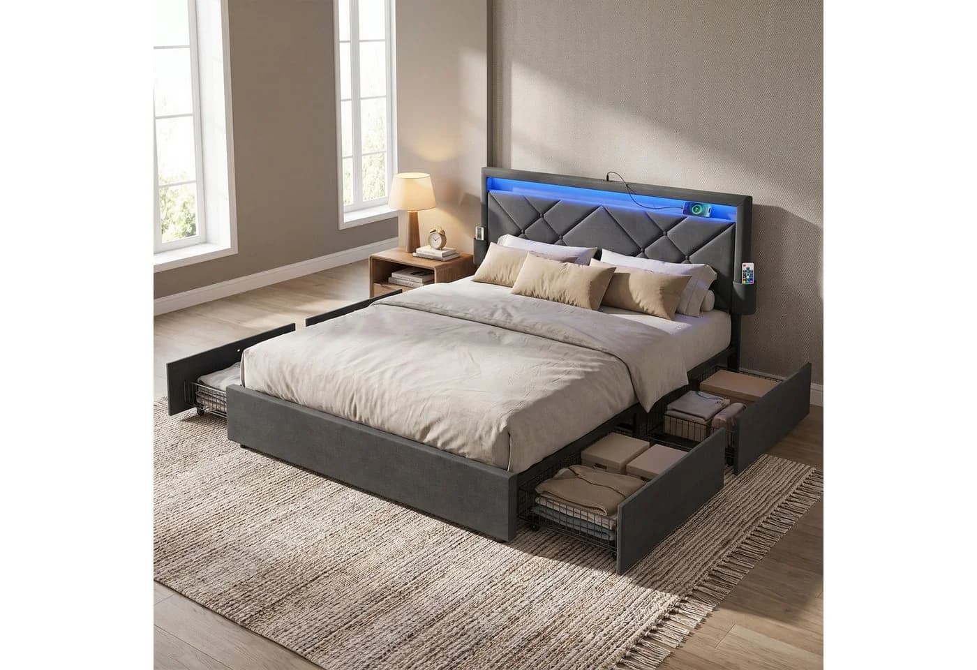 VASAGLE Polsterbett mit LED, USB & 4 Schubladen, 140x200 cm, Grau/Blau