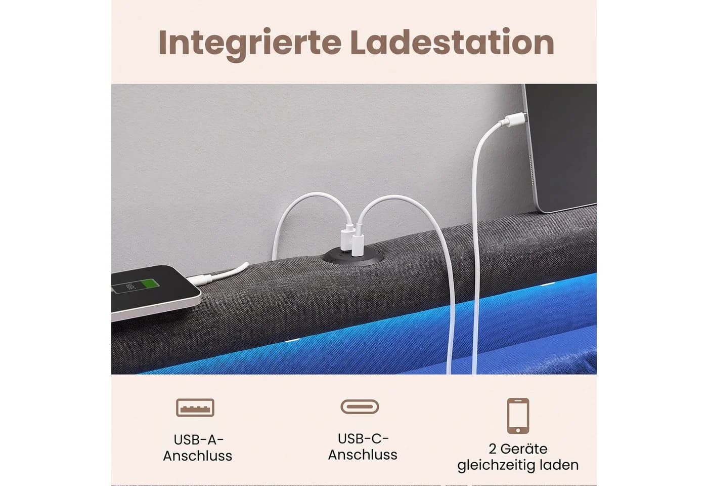 VASAGLE Polsterbett mit LED, USB & 4 Schubladen, 140x200 cm, Grau/Blau - Bild 3