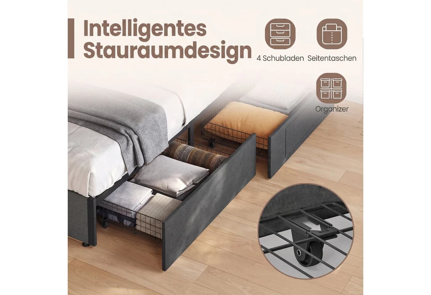 VASAGLE Polsterbett mit LED, USB & 4 Schubladen, 140x200 cm, Grau/Blau - Bild 4
