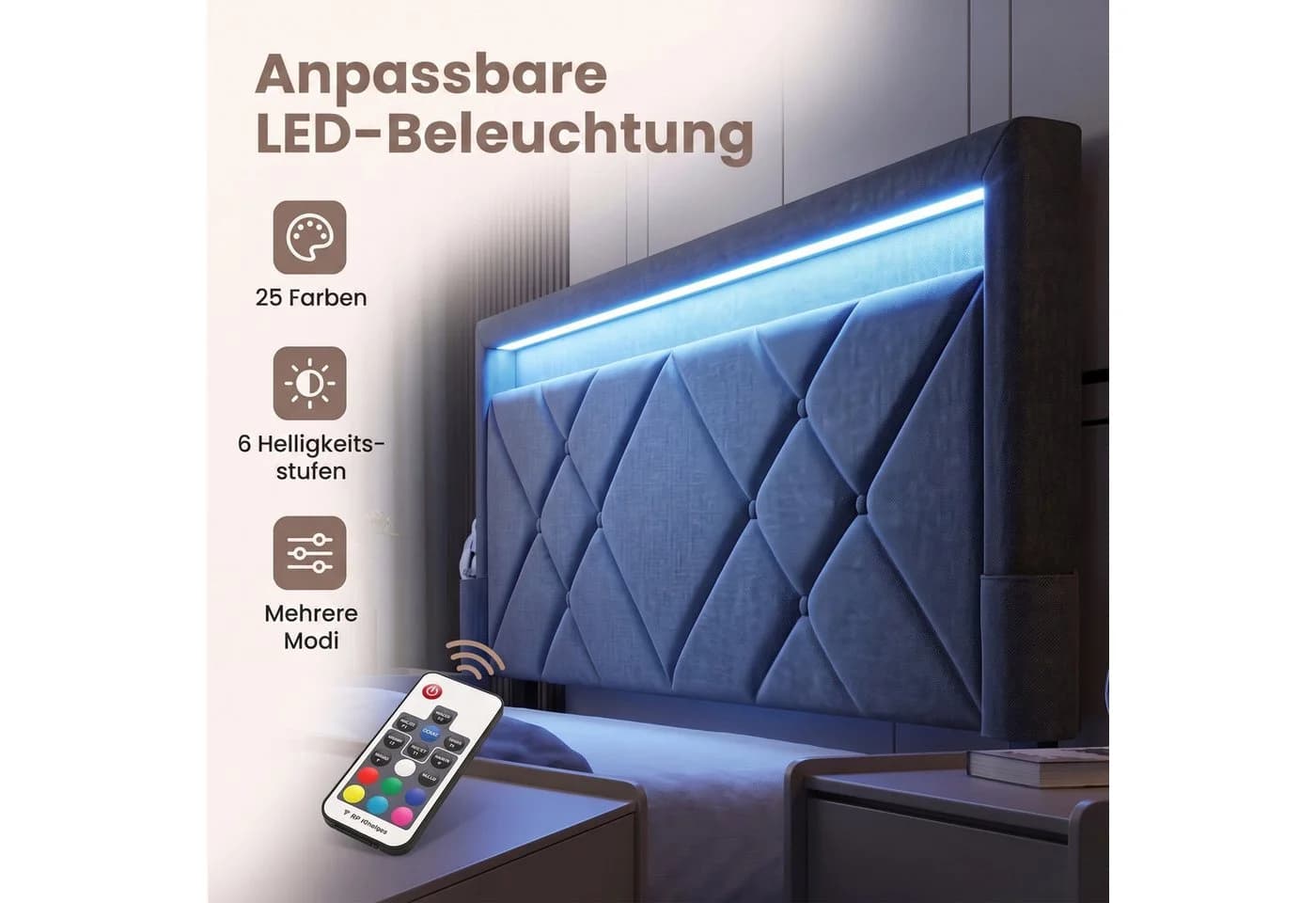 VASAGLE Polsterbett mit LED, USB & 4 Schubladen, 140x200 cm, Grau/Blau - Bild 5