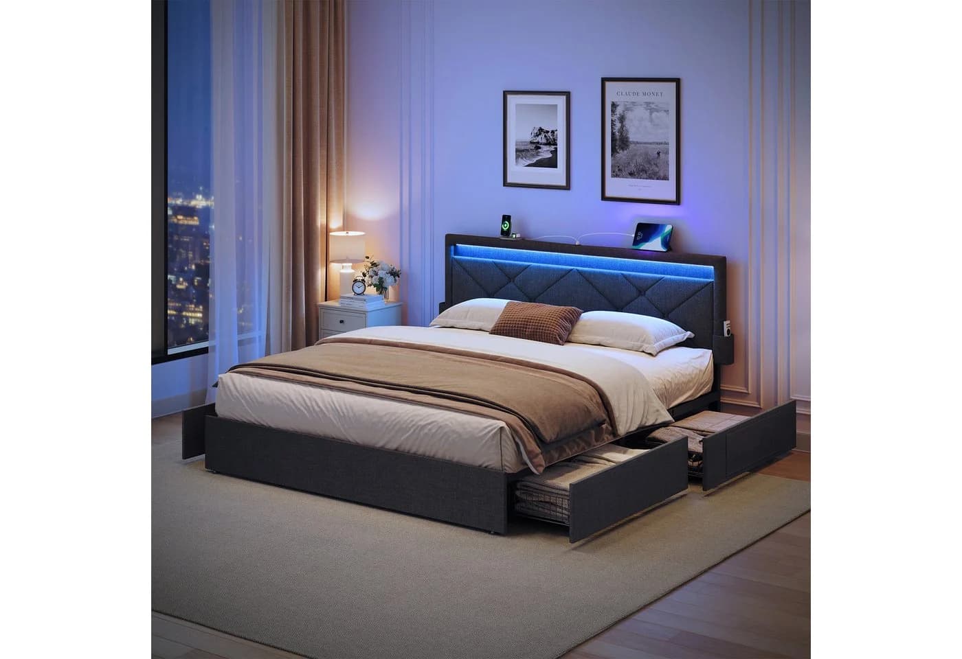 VASAGLE Polsterbett mit LED, USB, 4 Schubladen, inkl. Matratze grau/blau