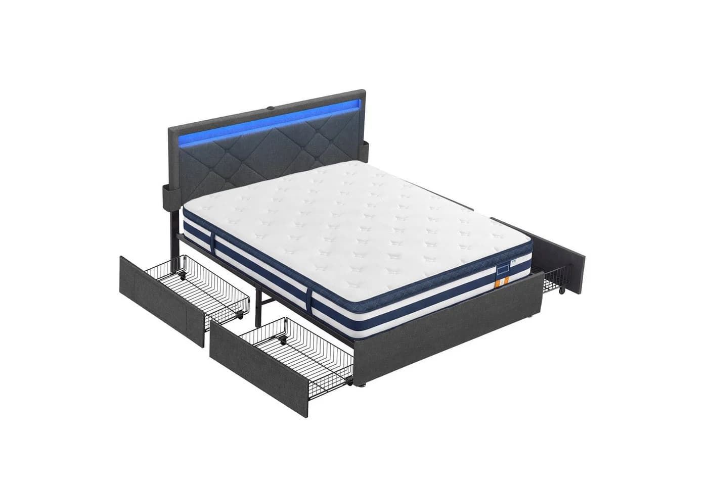 VASAGLE Polsterbett mit LED, USB, 4 Schubladen, inkl. Matratze grau/blau - Bild 2