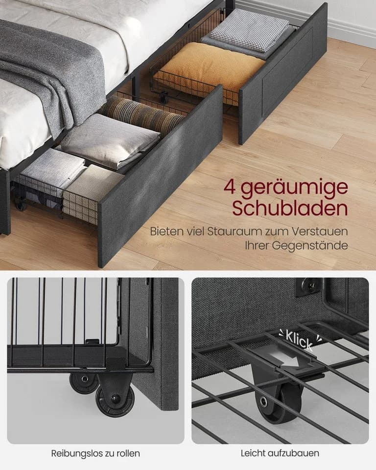 VASAGLE Polsterbett mit LED, USB, 4 Schubladen, inkl. Matratze grau/blau - Bild 4