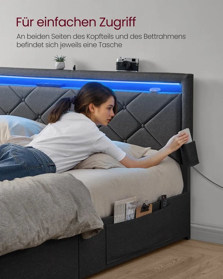 VASAGLE Polsterbett mit LED, USB, 4 Schubladen, inkl. Matratze grau/blau - Bild 5