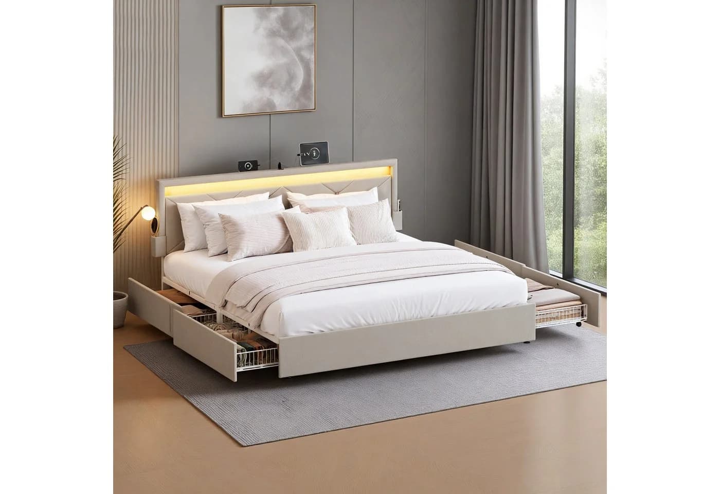 VASAGLE Polsterbett mit LED, USB & 4 Schubladen inkl. Matratze