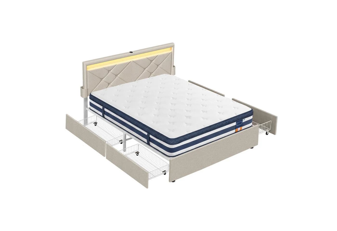 VASAGLE Polsterbett mit LED, USB & 4 Schubladen inkl. Matratze - Bild 2