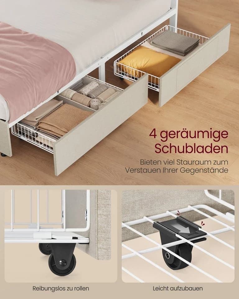 VASAGLE Polsterbett mit LED, USB & 4 Schubladen inkl. Matratze - Bild 4