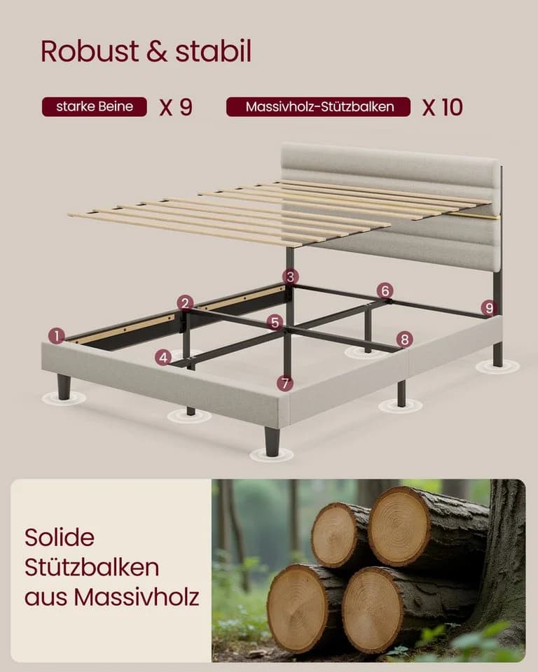 VASAGLE Polsterbett mit Matratze Set Beige/Blau Stauraum - Bild 4