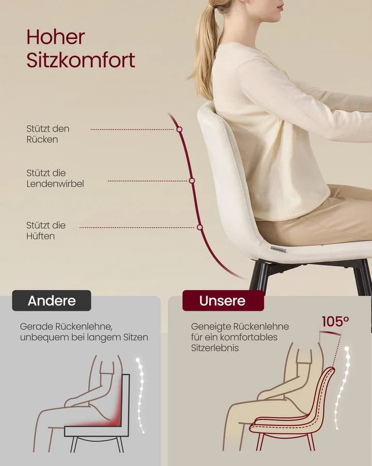 VASAGLE Esszimmerstuhl 6er Set Beige Samt 360° Drehbar - Bild 4