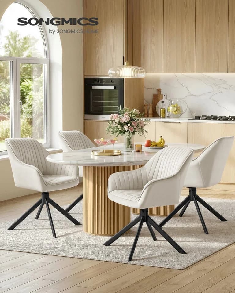 SONGMICS Esszimmerstuhl 360° drehbar Samt Beige-Schwarz (6 St)