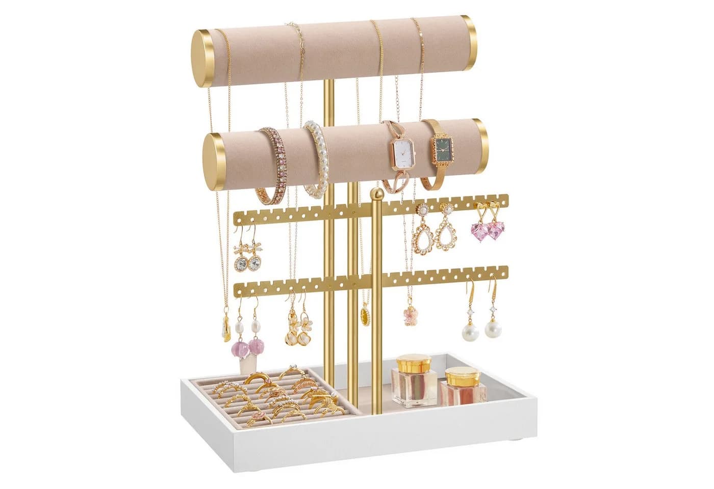SONGMICS Schmuckständer Gold-Beige mit Samt-Tablett & abnehmbarem Ringhalter - Bild 2