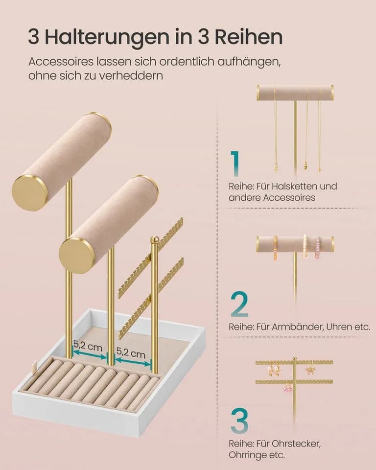 SONGMICS Schmuckständer Gold-Beige mit Samt-Tablett & abnehmbarem Ringhalter - Bild 4
