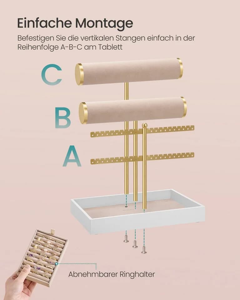 SONGMICS Schmuckständer Gold-Beige mit Samt-Tablett & abnehmbarem Ringhalter - Bild 5