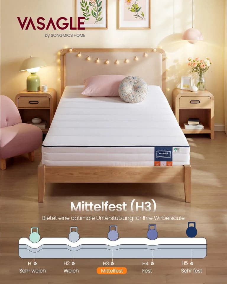 VASAGLE Kaltschaummatratze Gel-Memory-Schaum 7-Zonen H3 Weiß