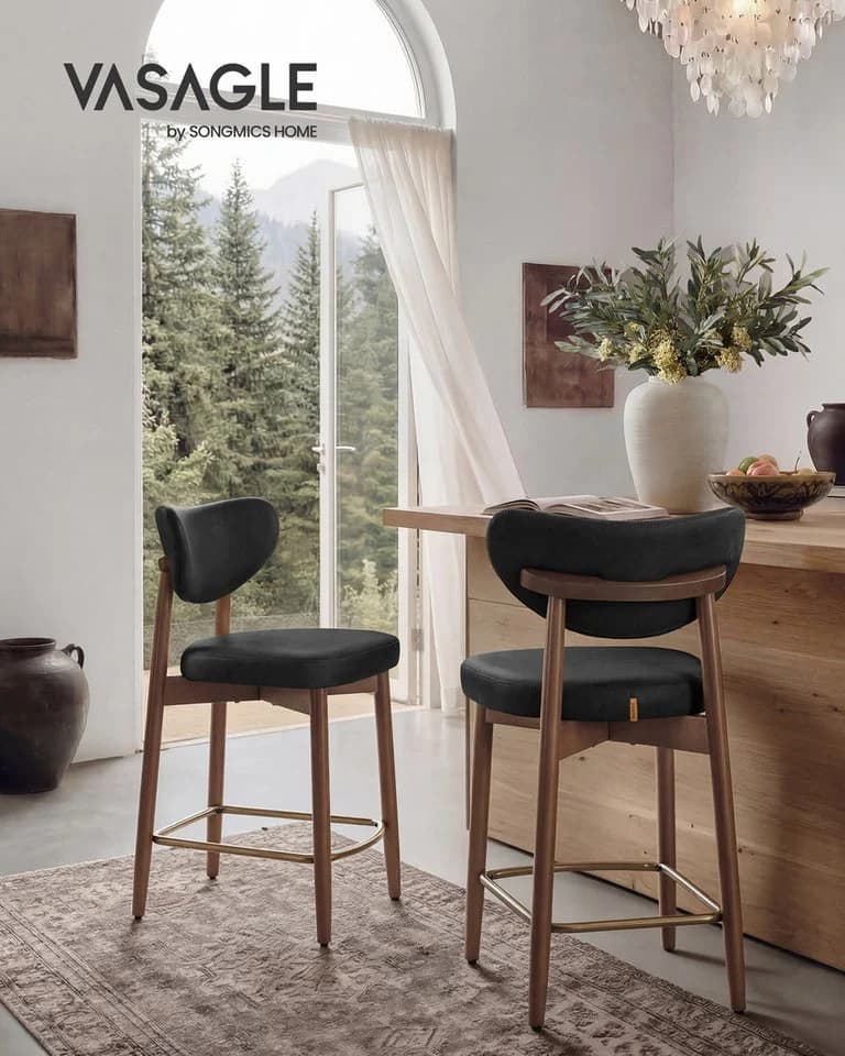 VASAGLE Barhocker 4er Set Schwarz Massivholzbeine Mid-Century-Modern