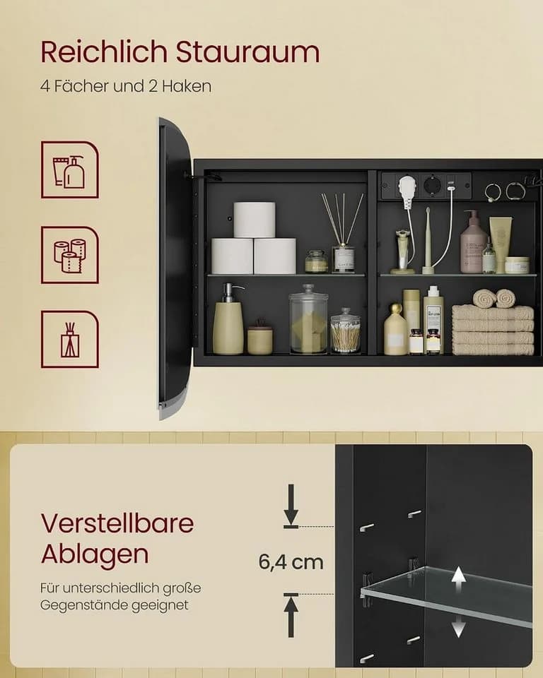 VASAGLE Spiegelschrank mit Beleuchtung und Steckdosenleiste Schwarz - Bild 4