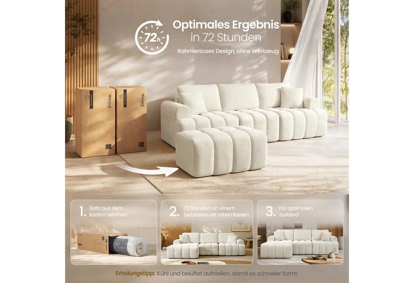 VASAGLE Ecksofa L-Form Chenille Weiß Modular - Bild 4