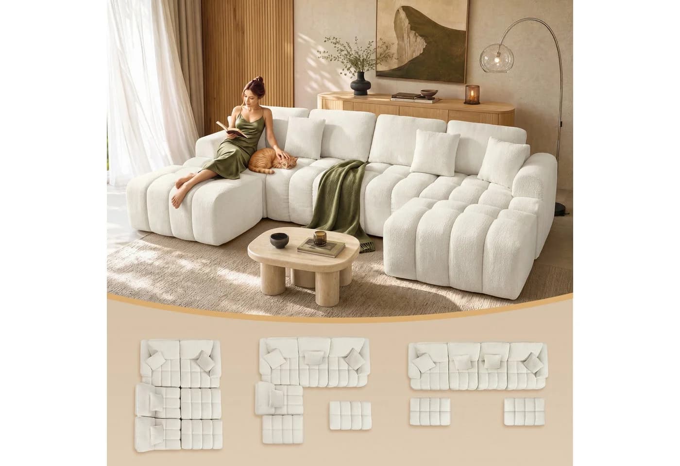 VASAGLE Modulares Sofa U-Form Chenille Weiß 6-Sitzer