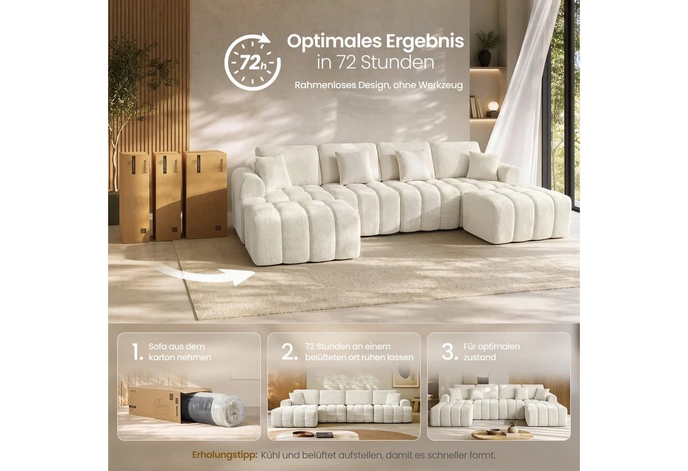VASAGLE Modulares Sofa U-Form Chenille Weiß 6-Sitzer - Bild 4