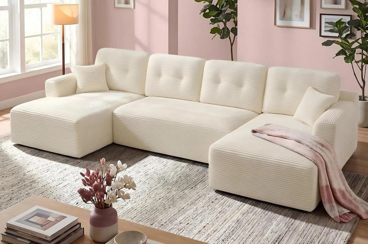 VASAGLE Wohnlandschaft U-Form 6-Sitzer Cord Sofa Weiß - Bild 2