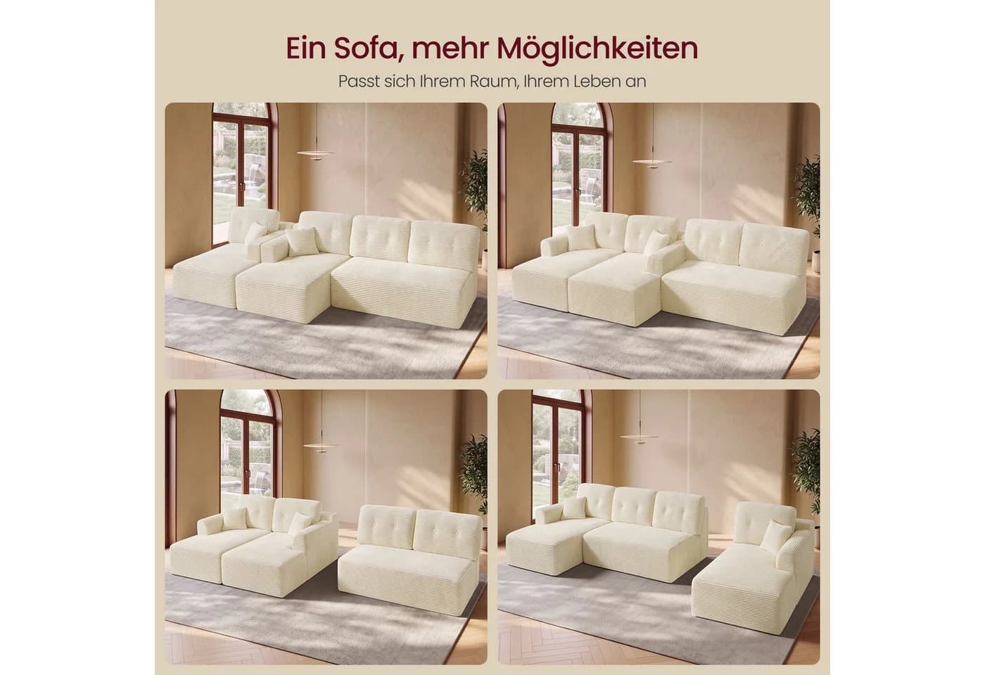 VASAGLE Wohnlandschaft U-Form 6-Sitzer Cord Sofa Weiß - Bild 3