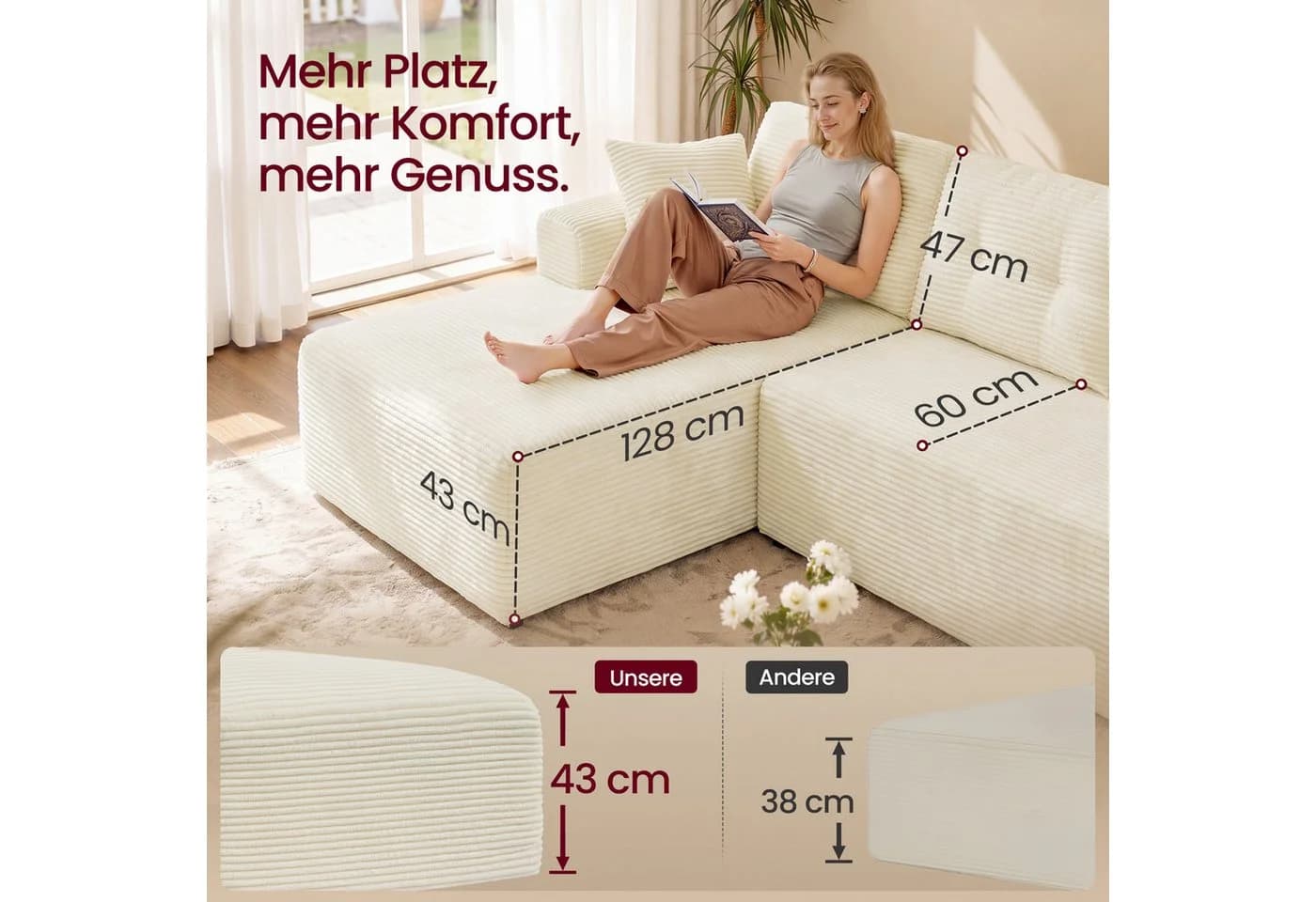 VASAGLE Wohnlandschaft U-Form 6-Sitzer Cord Sofa Weiß - Bild 4