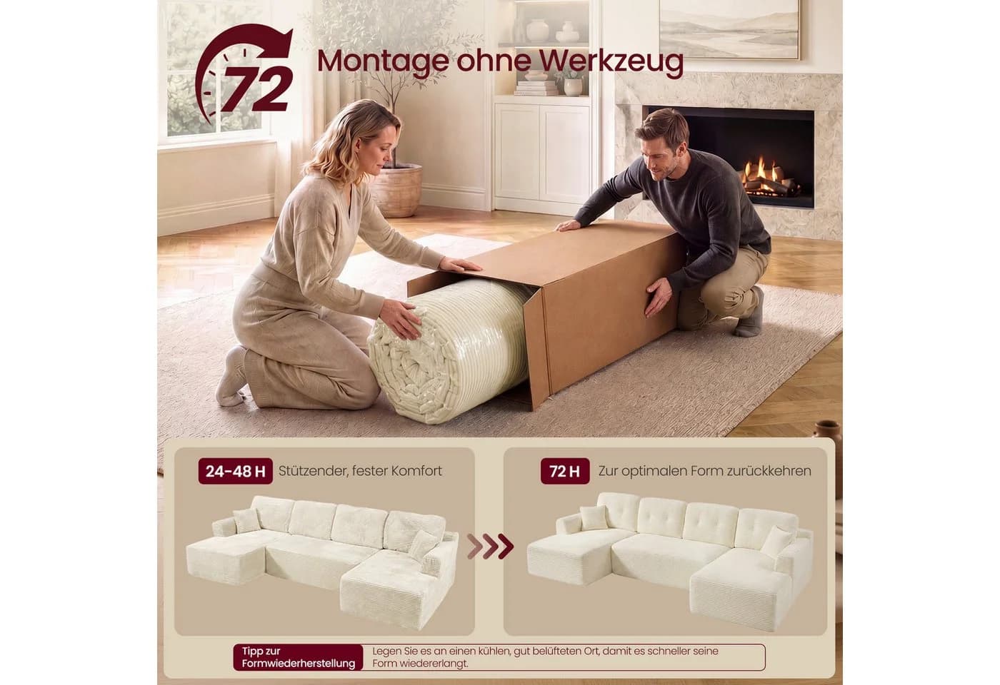 VASAGLE Wohnlandschaft U-Form 6-Sitzer Cord Sofa Weiß - Bild 5