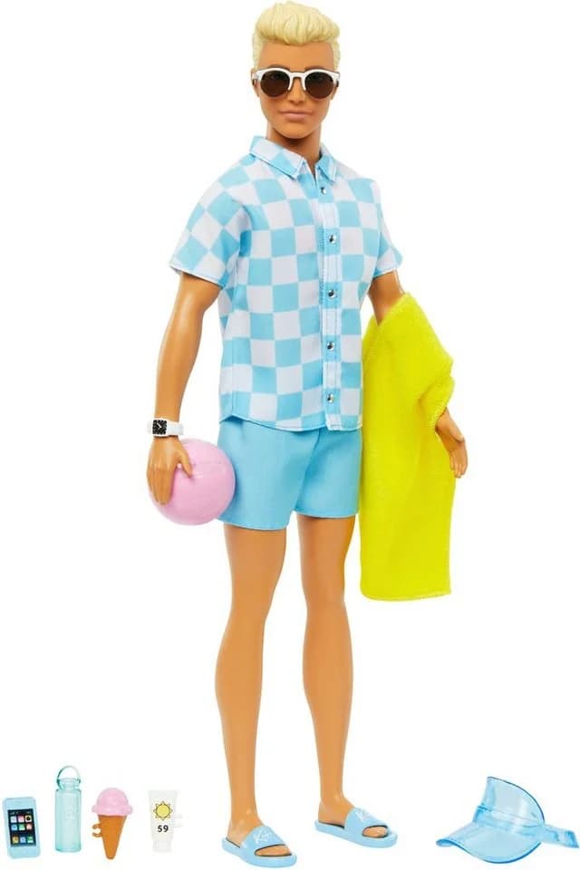 Mattel Barbie Anziehpuppe Blonde Ken mit Badehose und Strand-Accessoires