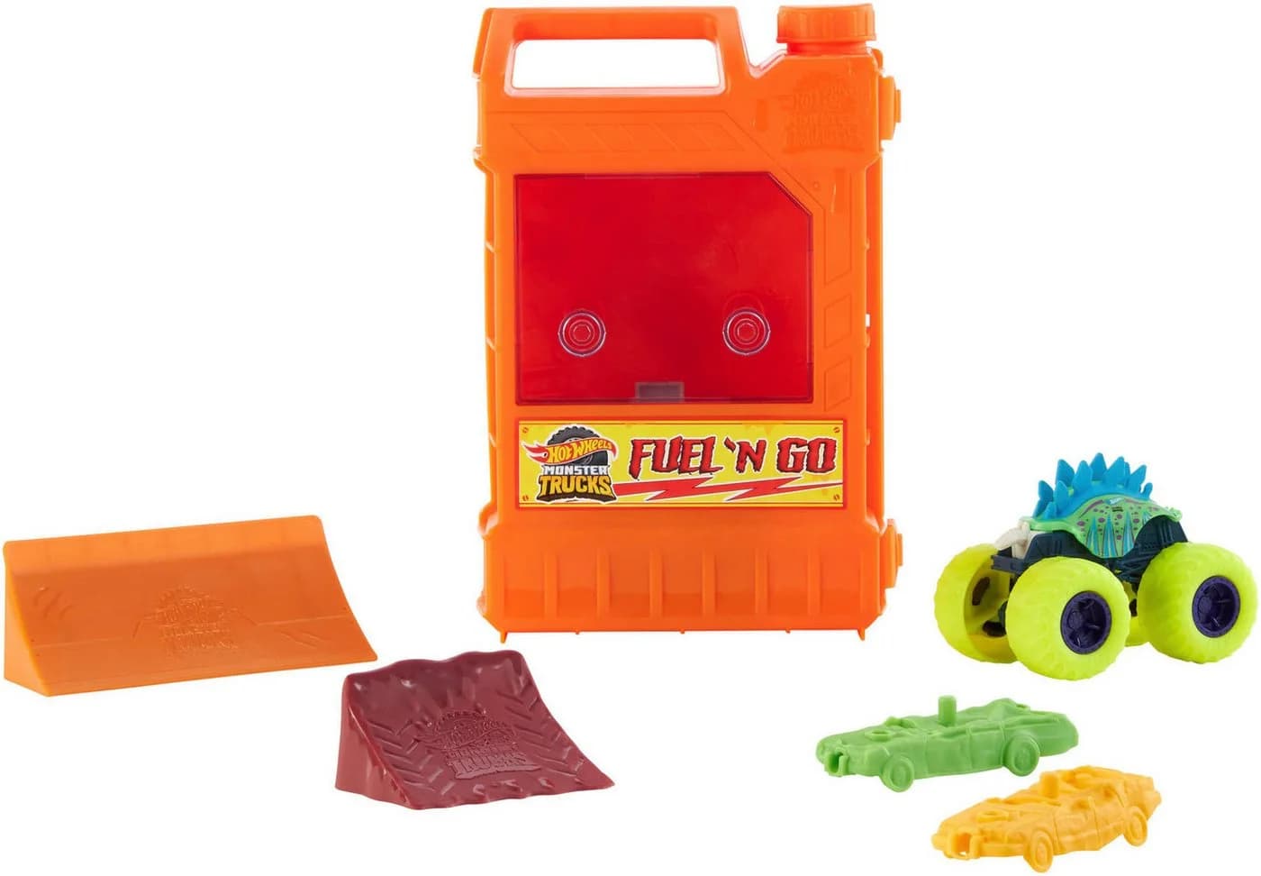 Hot Wheels Monster Trucks Fuel N’ Go-Spielset mit Motosaurus, inkl. 2 zerdrückte Autos