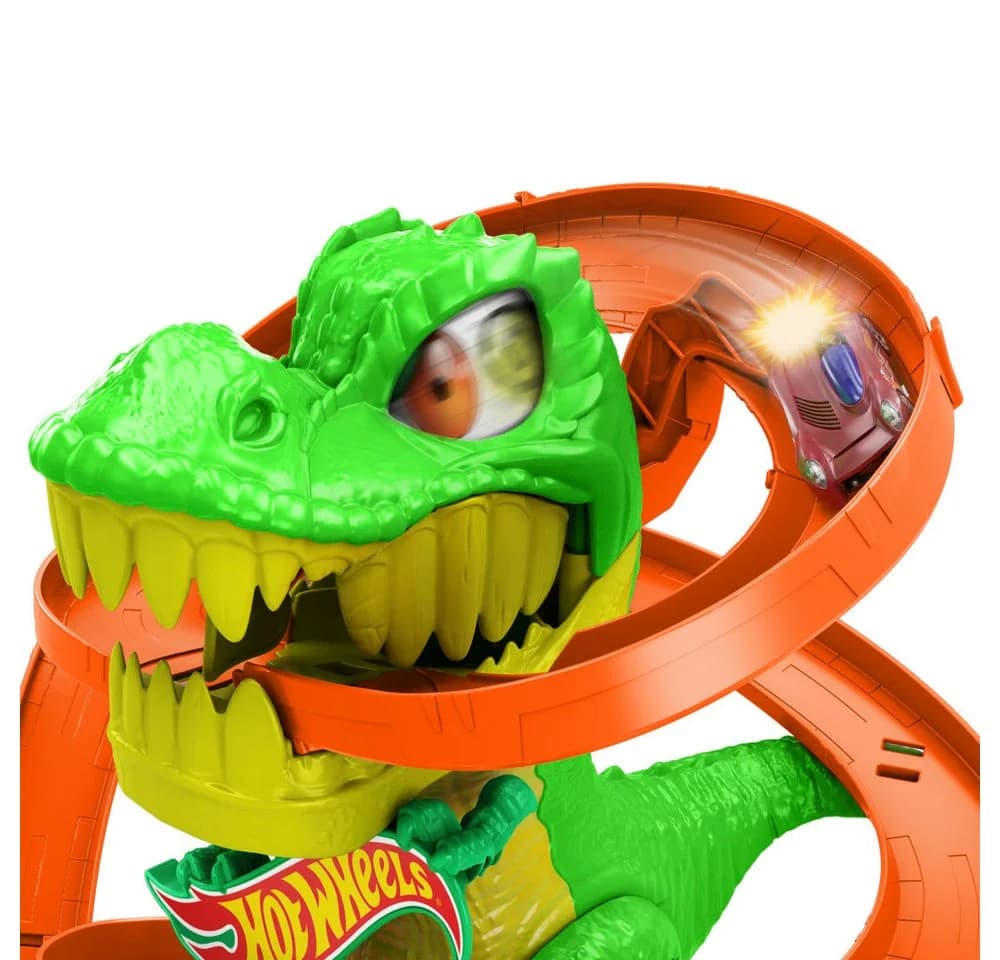 Hot Wheels City T-Rex-Feuerschlacht Autorennbahn mit Dinosaurier