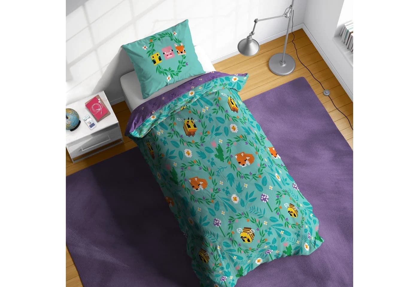 Minecraft Kinderbettwäsche Floral Türkis Wendbar