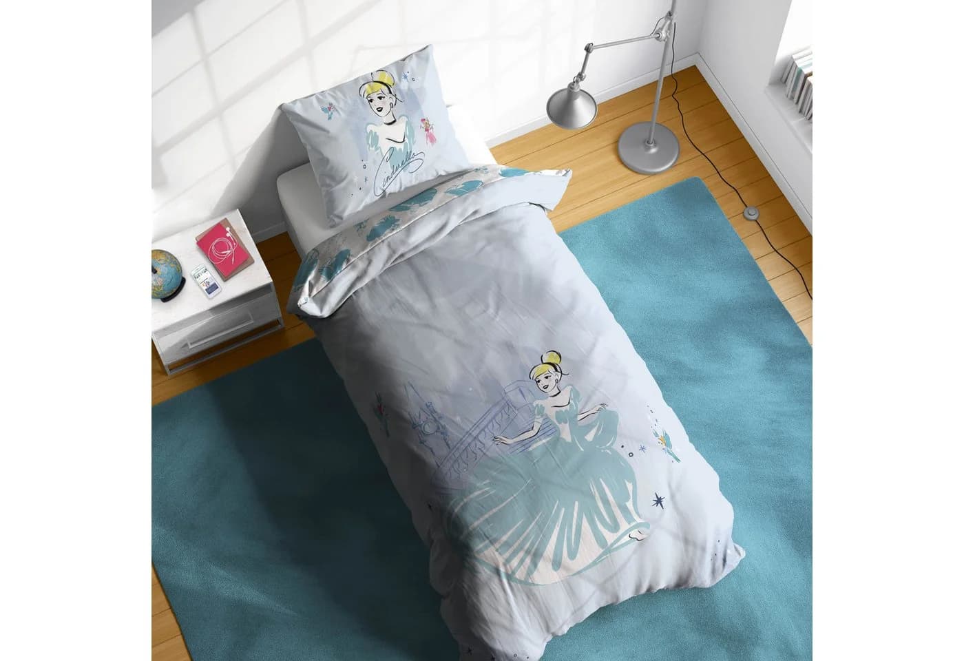 Disney Cinderella Bettwäsche-Set 137x200 cm + Kissenbezug 80x80 cm Blau Floral