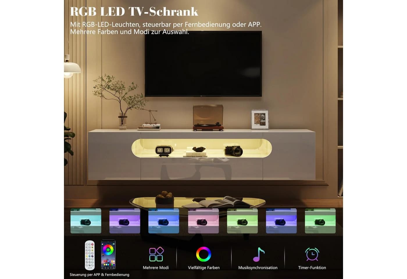 AMERLIFE Hängendes TV Board 160 cm Hochglanz Weiß mit RGB-LED - Bild 4