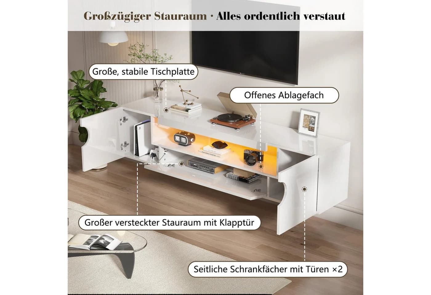 AMERLIFE Hängendes TV Board 160 cm Hochglanz Weiß mit RGB-LED - Bild 5