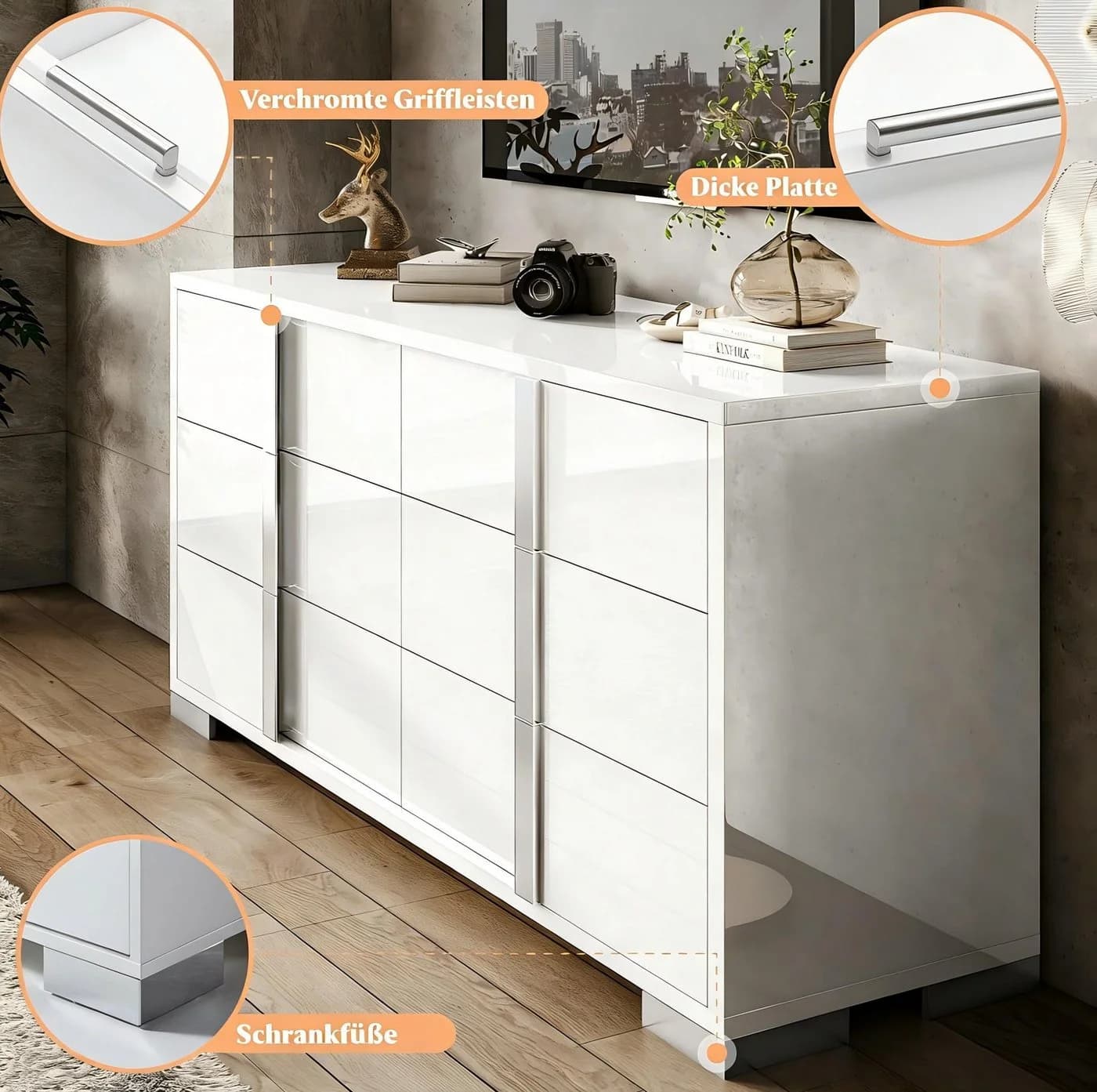 AMERLIFE Kommode Hochglanz Weiß 6 Schubladen Spiegelgriffe - Bild 5
