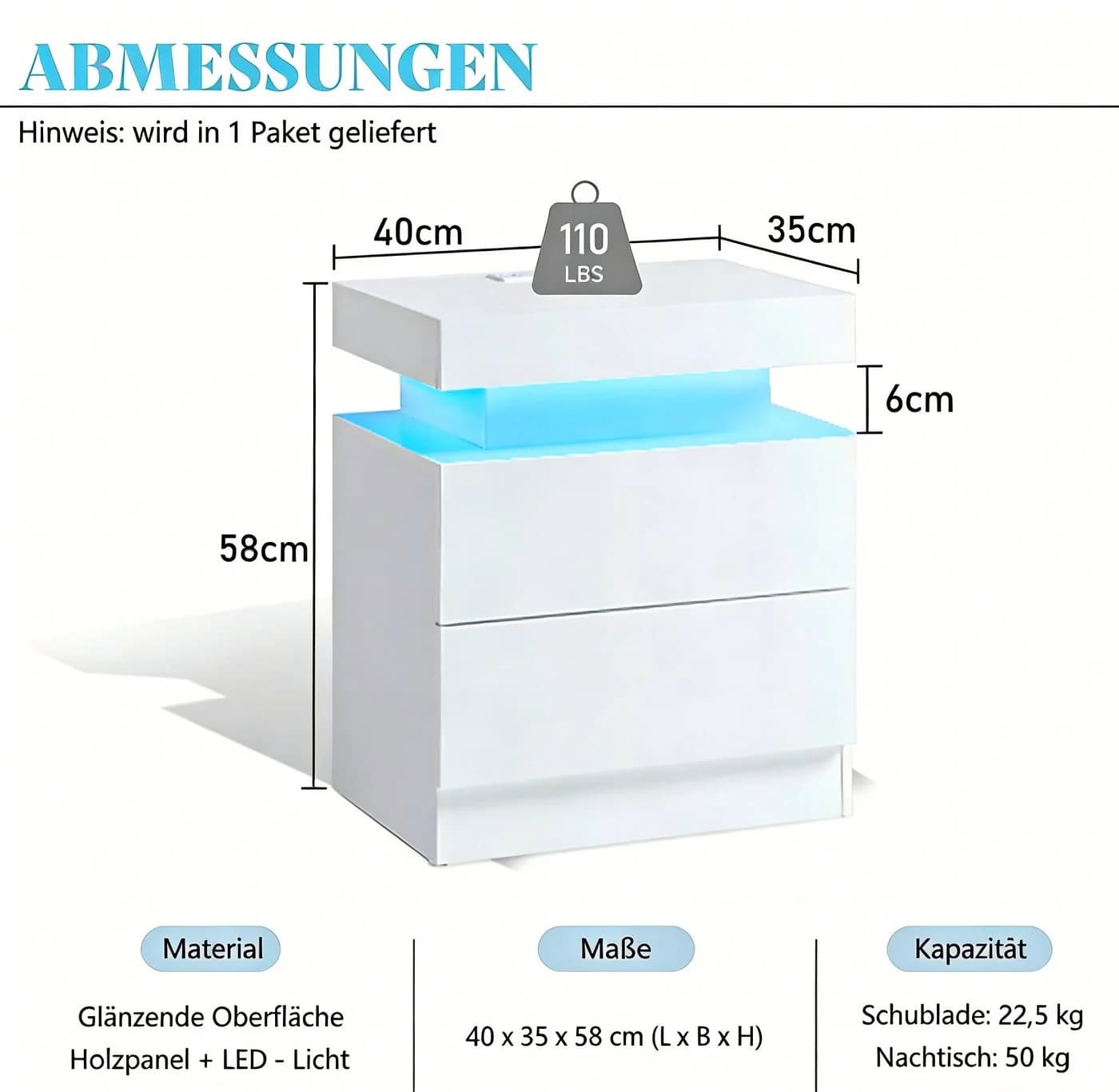 AMERLIFE Nachttisch 2er-Set Hochglanz Weiß RGB-LED-Beleuchtung