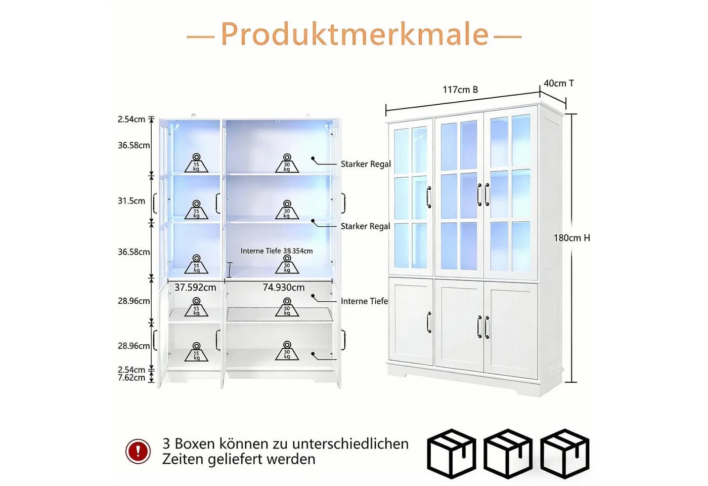 AMERLIFE Vitrine Weiß mit LED Beleuchtung 6 Türen