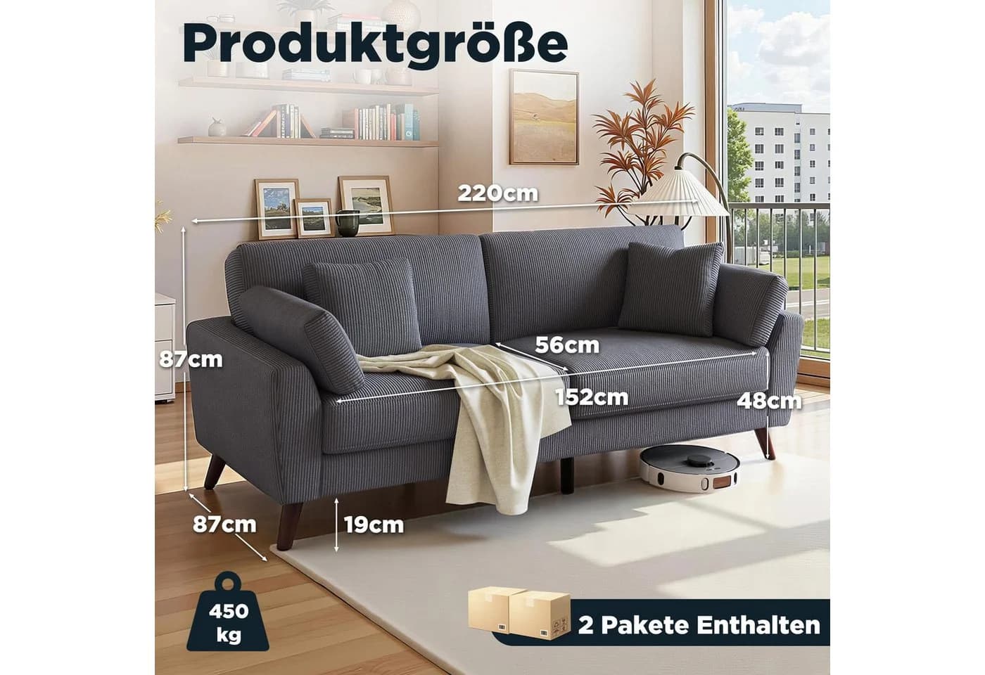 AMERLIFE Big-Sofa 2-Sitzer Cord Sofa Grau Modern