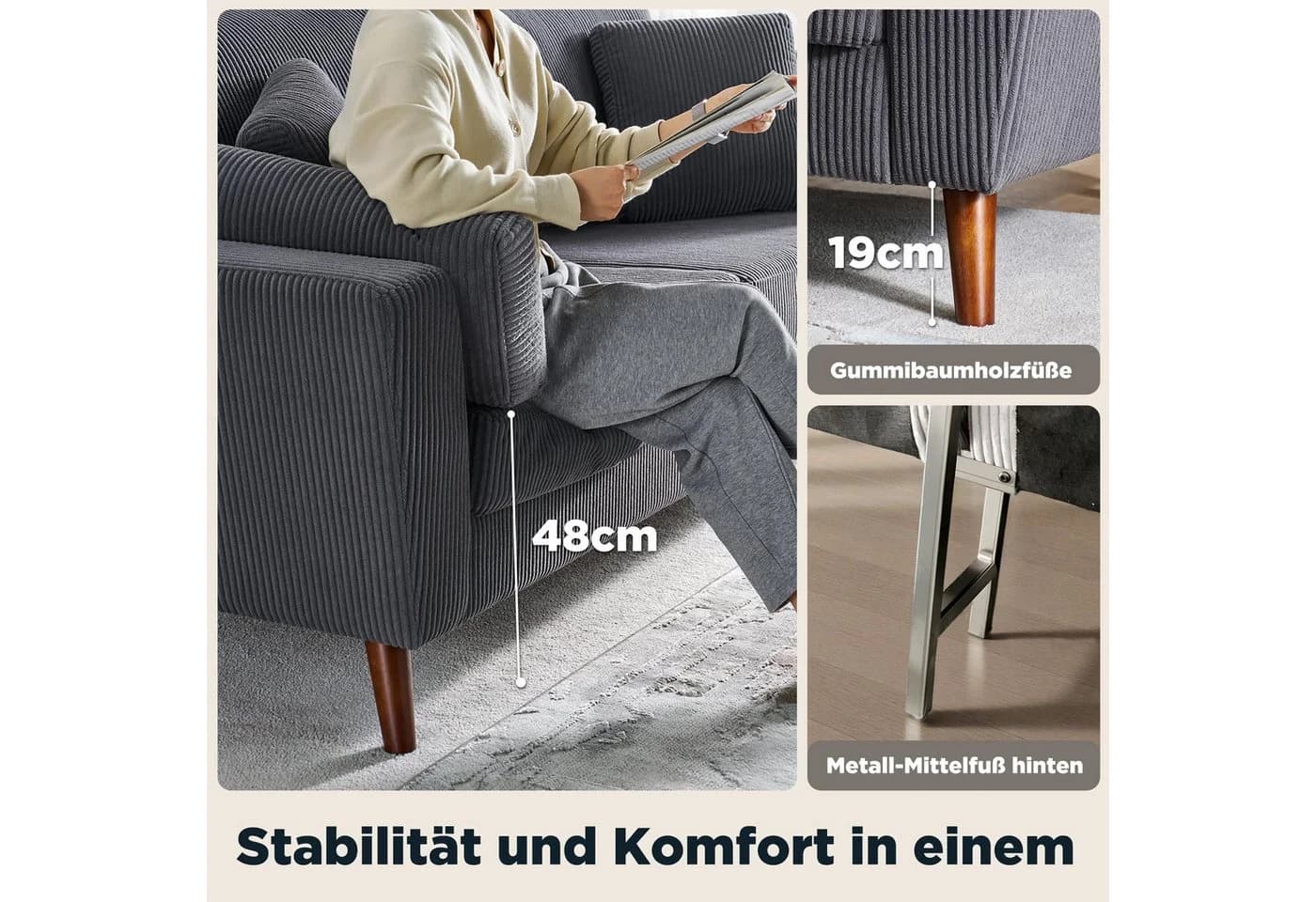 AMERLIFE Big-Sofa 2-Sitzer Cord Sofa Grau Modern - Bild 5