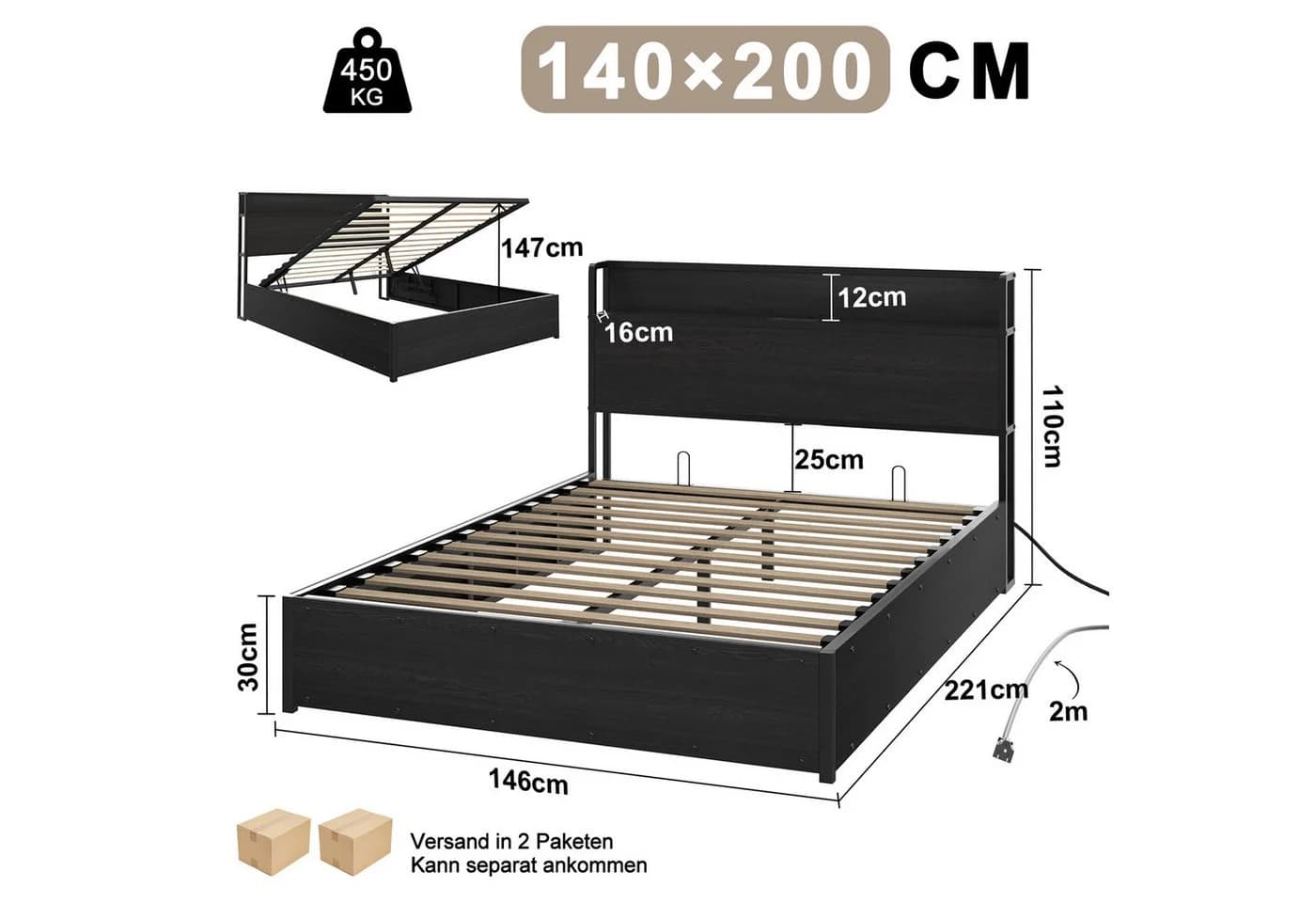 AMERLIFE Doppelbett mit Stauraum und USB-Steckdosen Schwarz