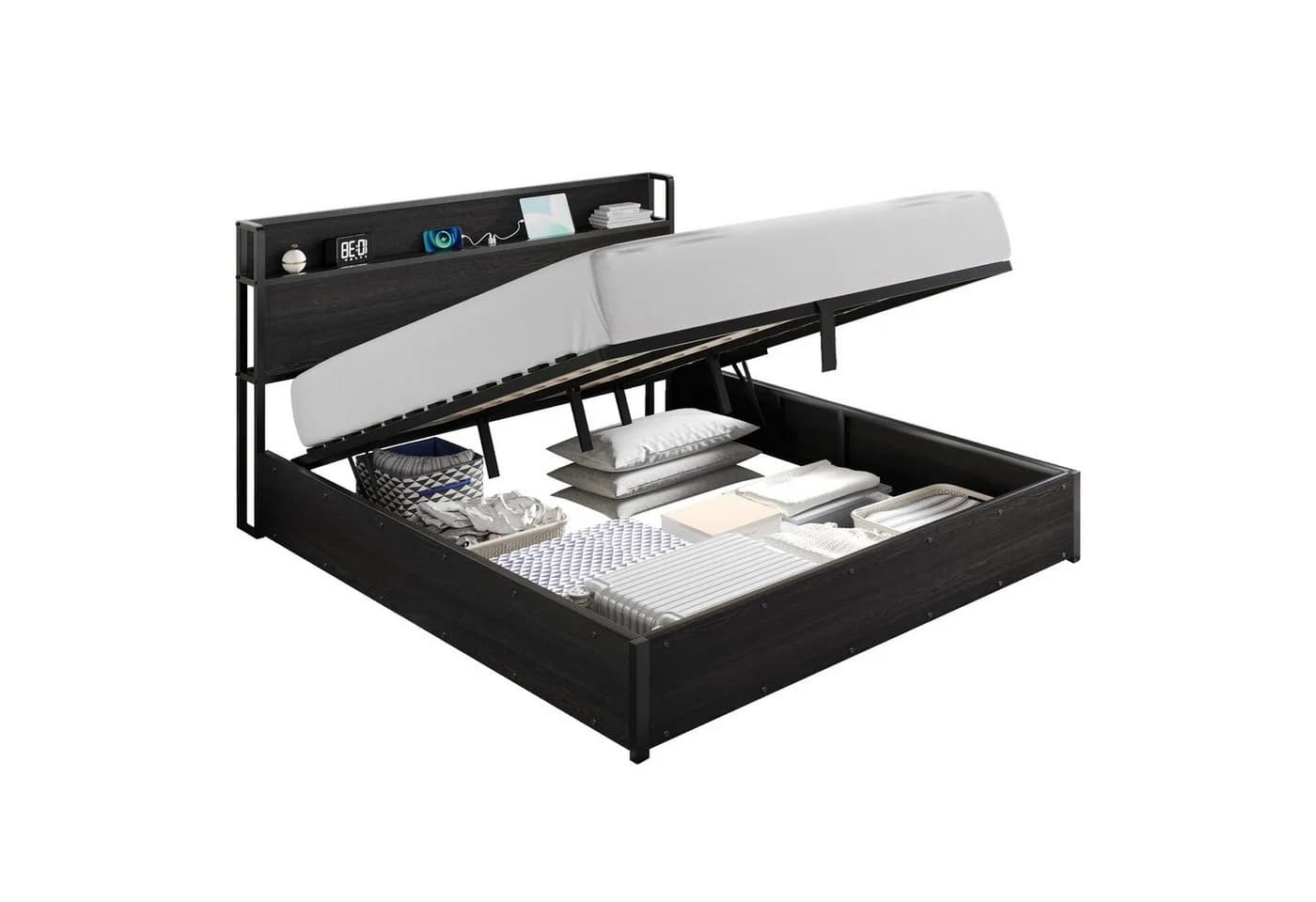 AMERLIFE Doppelbett mit Stauraum und USB-Steckdosen Schwarz - Bild 2